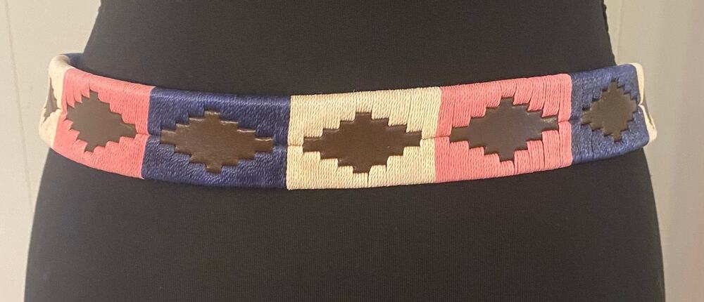 Pampeano Dulce Argentine Leather Woven Belt Pink Navy Cream Brown XL 38"-44"